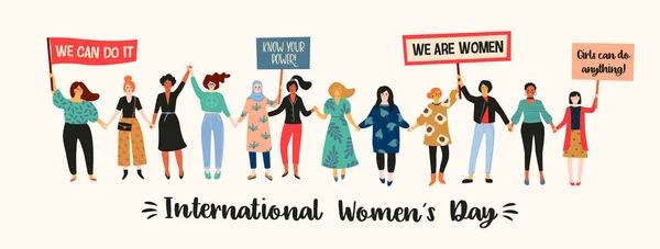 Journée Internationale Femme Illustration Vectorielle Avec Des Femmes Nationalités Cultures — Image vectorielle