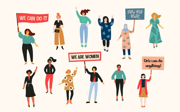 Internationaler Frauentag Vektorillustration Mit Frauen Unterschiedlicher Nationalitäten Und Kulturen Kampf — Stockvektor