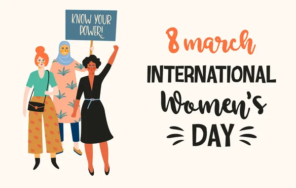 Internationale Vrouwendag Vector Illustratie Met Vrouwen Verschillende Nationaliteiten Culturen Strijd — Stockvector