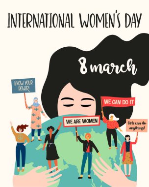Uluslararası Kadınlar Günü. Farklı ulus ve kültürlerde kadınların vektör illüstrasyonu. Özgürlük, bağımsızlık, eşitlik için mücadele.