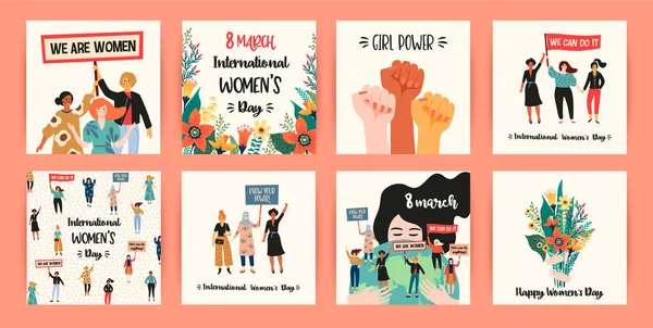 Uluslararası Kadınlar günü. Kadınlar farklı milletlerden ve kültürleri ile vektör şablonları. Özgürlük, bağımsızlık, eşitlik için mücadele.