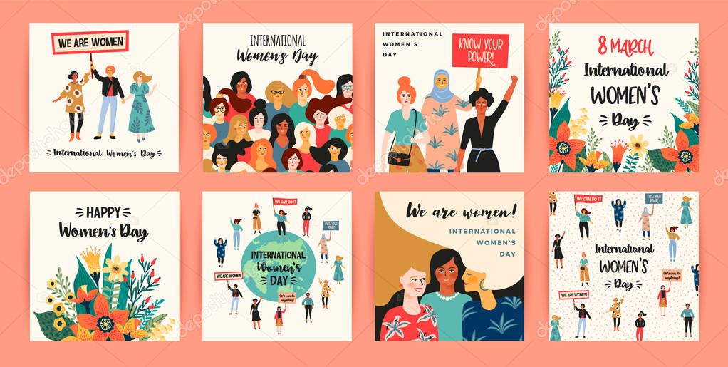 International Womens Day. Vector templates with women different nationalities and cultures. Struggle for freedom, independence, equality.