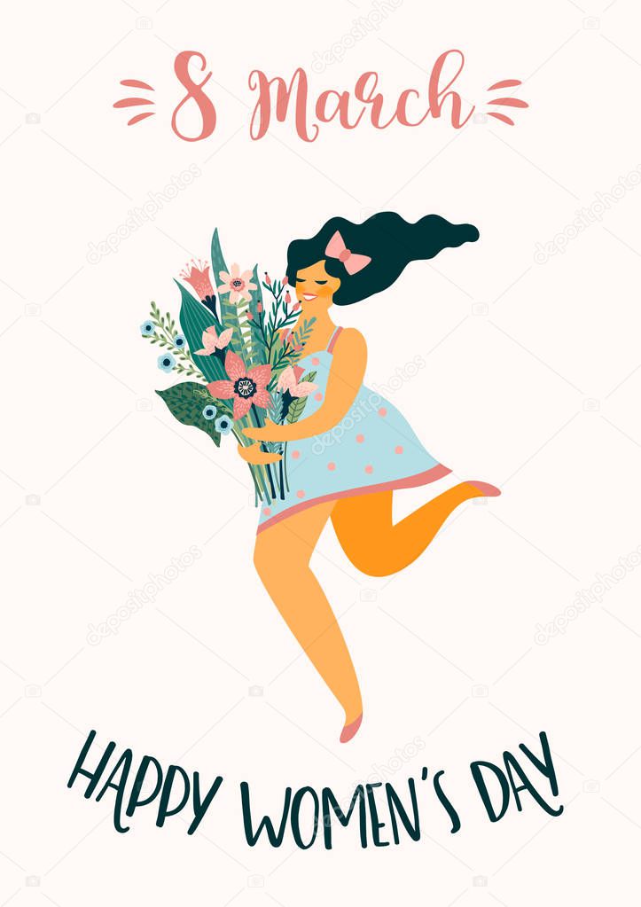 International Women s Day. Vector template with cute woman for card, poster, flyer and other users