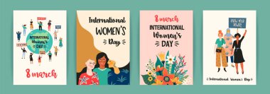 Uluslararası Kadınlar günü. Kadınlar farklı milletlerden ve kültürleri ile vektör şablonları. Özgürlük, bağımsızlık, eşitlik için mücadele.