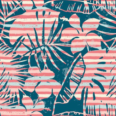 Tropik bitkiler ve çizgili arka plan ile Seamless egzotik modeli.