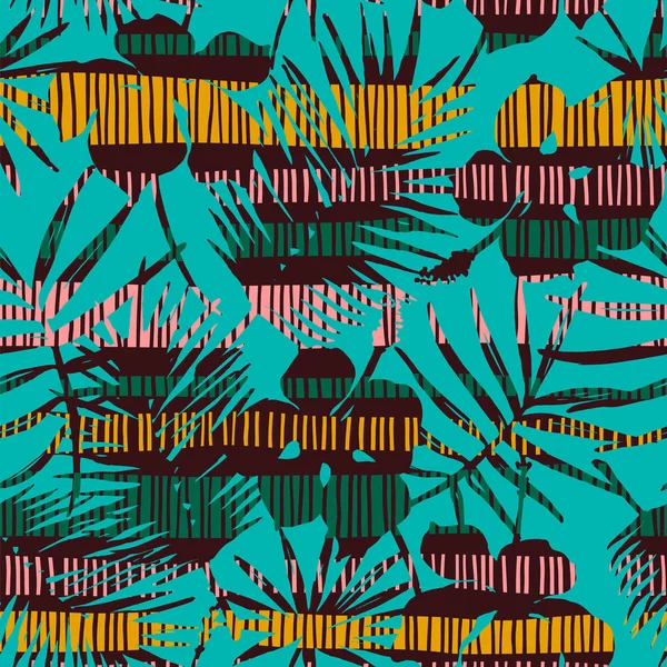 Abstracte naadloze patroon met tropische bladeren. Hand loting textuur. — Stockvector