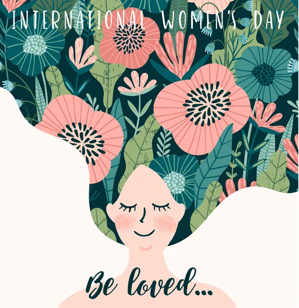 International Women s Day. Vector template with cute woman. — Stock Vector
