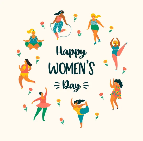 International Women s Day. Vector template with cute women. — Stock Vector