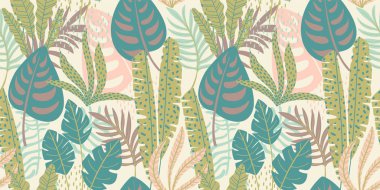 Tropikal yapraklı, soyut, pürüzsüz desen. Vektör şablonu.