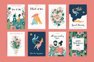 Romantik çizimler seti. Aşk, aşk hikayesi, ilişki. Sevgililer Günü ve diğer kullanıcılar için vektör tasarımı kavramı.