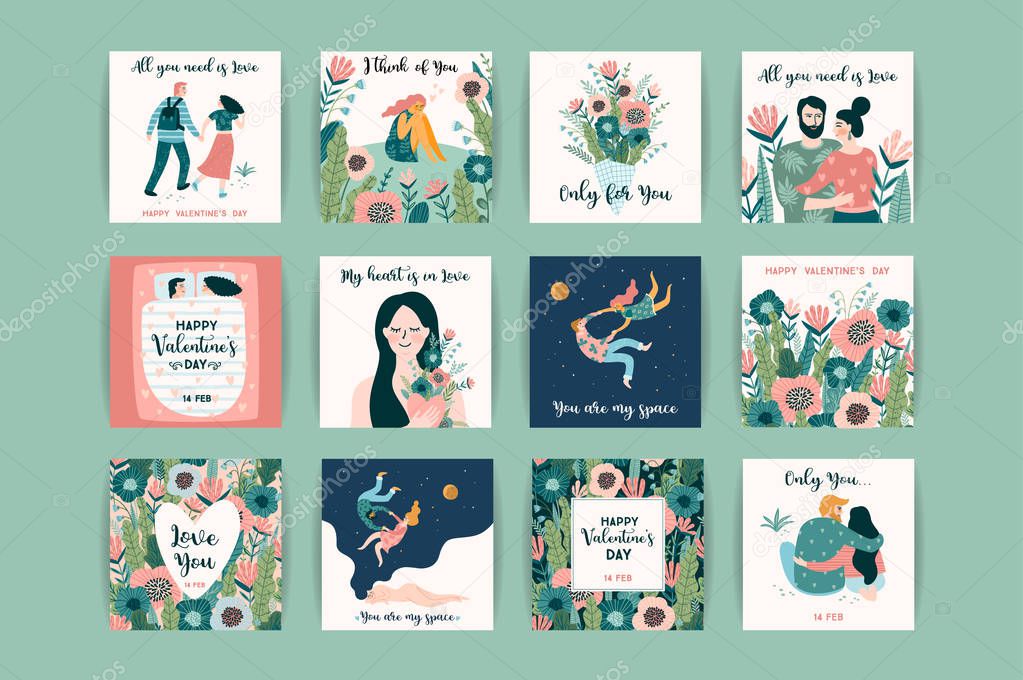 Romantic set of cute illustrations. Love, love story, relationship. Vector design concept for Valentines Day and other users.