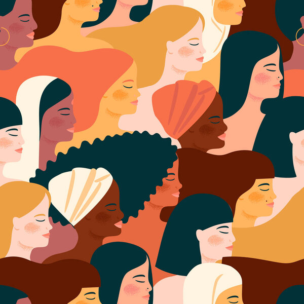 International Womens Day. Vector seamless pattern with with women different nationalities and cultures. Struggle for freedom, independence, equality.
