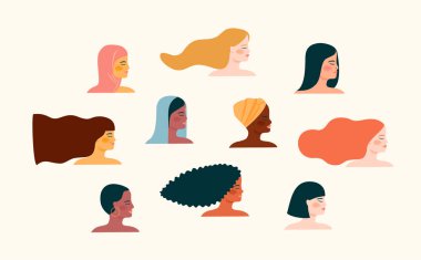 Vector illustration with with women different nationalities and cultures. Struggle for freedom, independence, equality. clipart