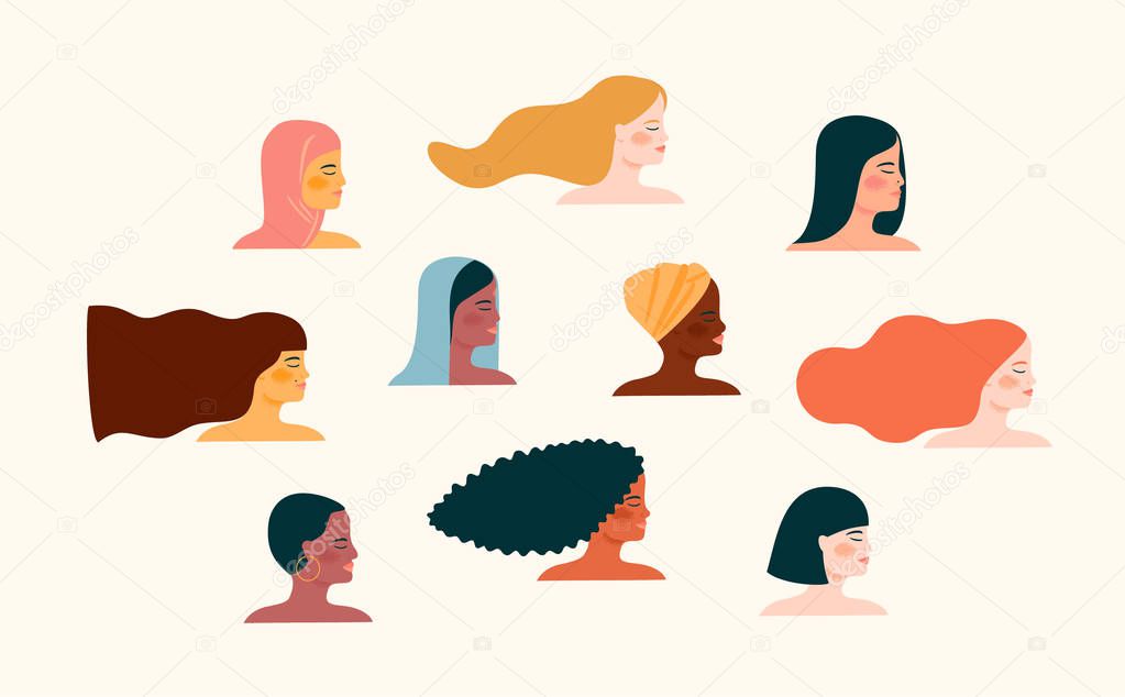Vector illustration with with women different nationalities and cultures. Struggle for freedom, independence, equality.