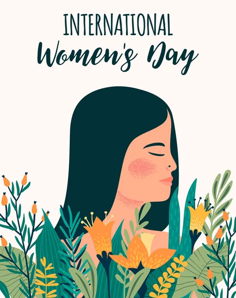 国際女性の日 メティス女性カード ポスター チラシ その他のユーザーのための花とベクトル テンプレート — ストックベクタ