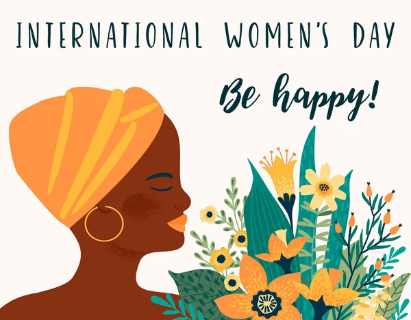 Weltfrauentag Vektorvorlage Mit Afrikanerin Und Blumen Für Karte Poster Flyer — Stockvektor