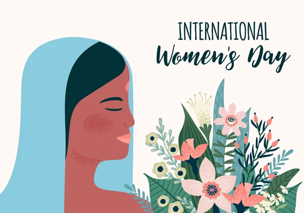 Journée Internationale Femme Modèle Vectoriel Avec Femme Indienne Fleurs Pour — Image vectorielle