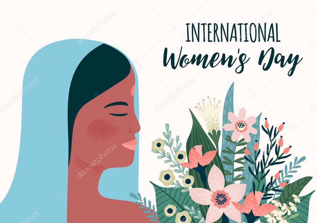 International Women s Day. Vector template with Indian woman and flowers for card, poster, flyer and other users