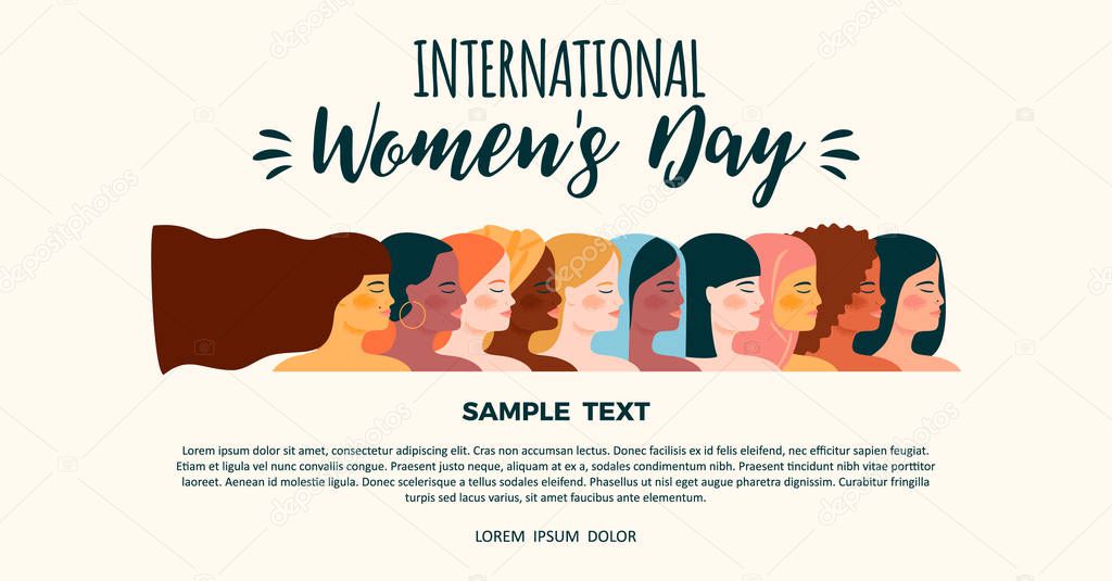 International Womens Day. Vector template with women different nationalities and cultures.
