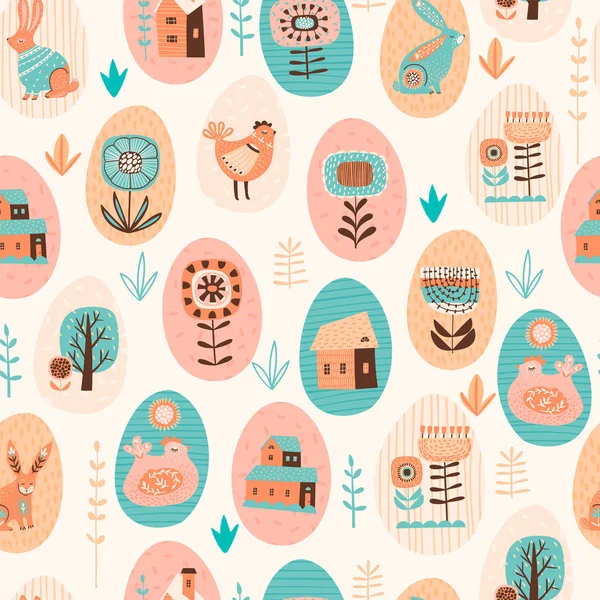 Vector seamless pattern with easter symbols and folk flowers. For Easter and other users. — Stock Vector