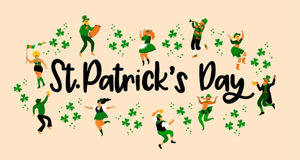 Saint Patrick s Day. Illustration vectorielle avec des gens drôles en costumes de carnaval — Image vectorielle