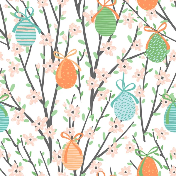 Patrón sin costura vectorial con huevos de Pascua y ramas florecientes. Para Pascua y otros usuarios . — Archivo Imágenes Vectoriales