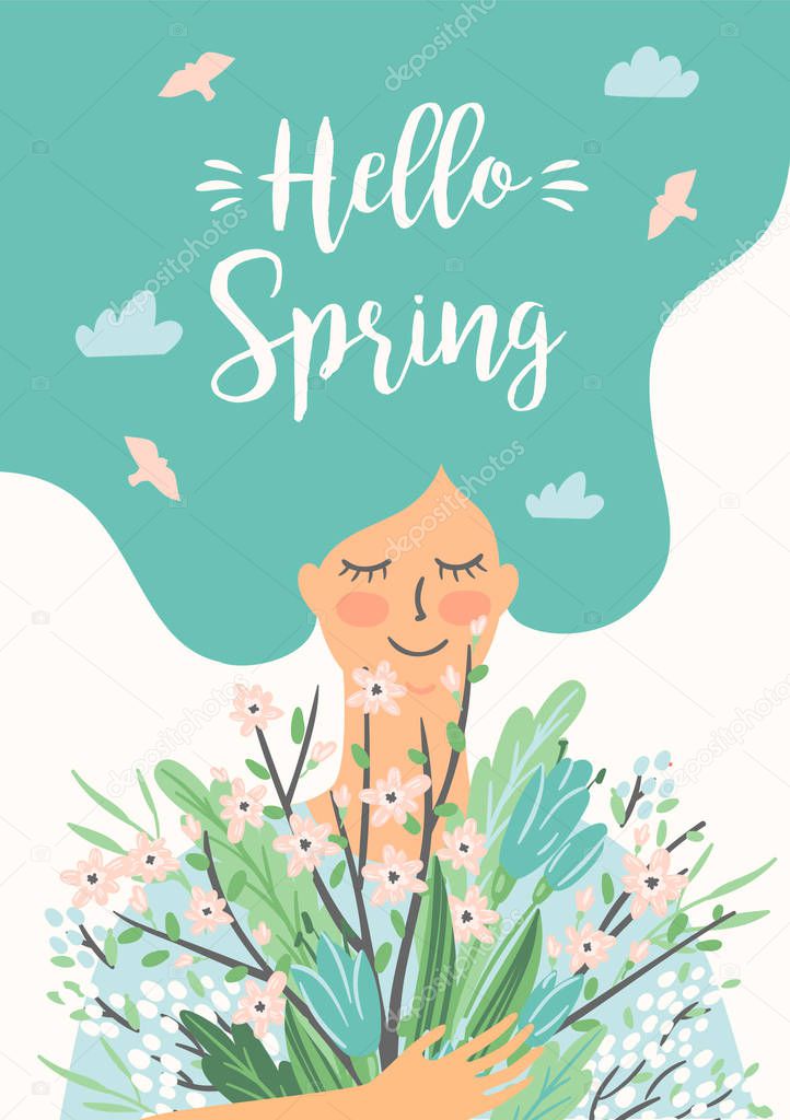 Vector illustration of woman with spring bouquet .
