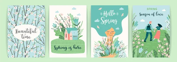 Reihe niedlicher Illustrationen mit Menschen und der Natur des Frühlings. — Stockvektor