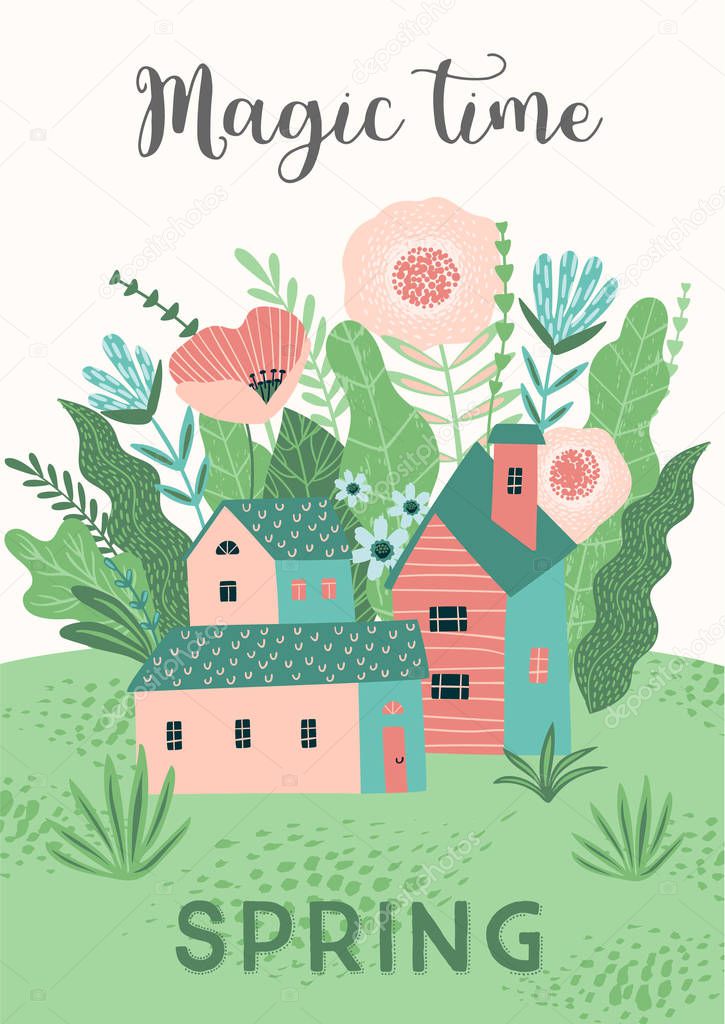 Cute illustration with spring landckape. Vector design