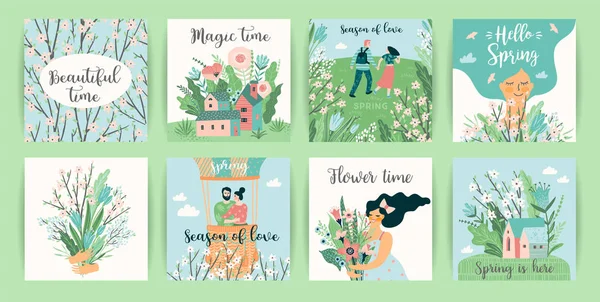 Conjunto de lindas ilustraciones con gente y naturaleza primaveral . — Vector de stock