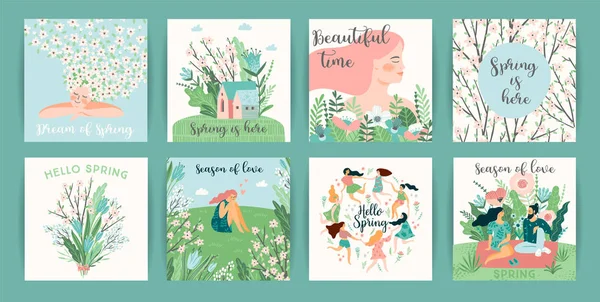 Conjunto de lindas ilustraciones con gente y naturaleza primaveral . — Vector de stock