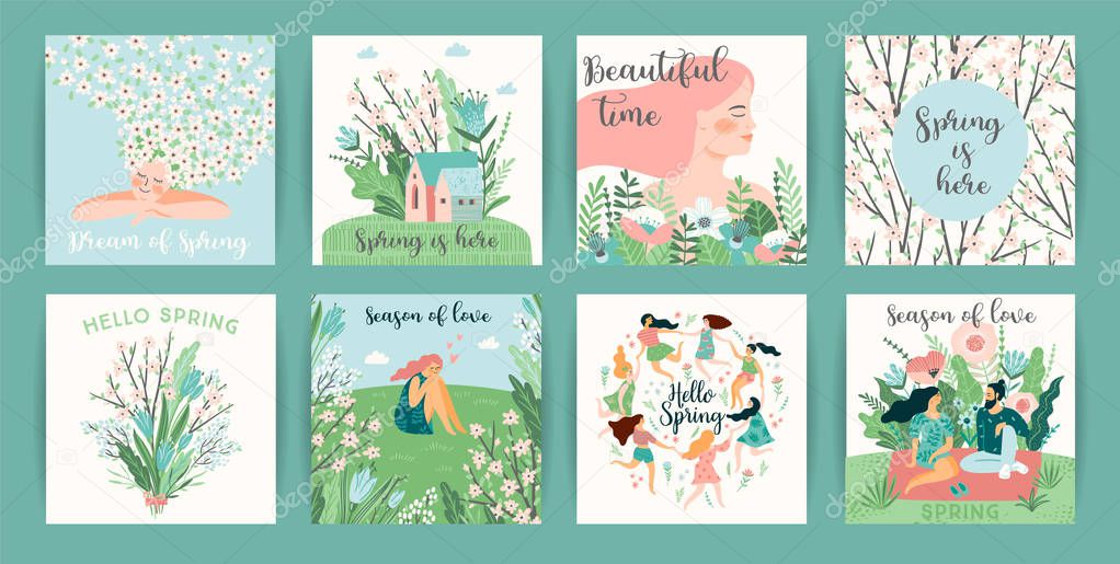 Set of cute illustrations with people and spring nature.