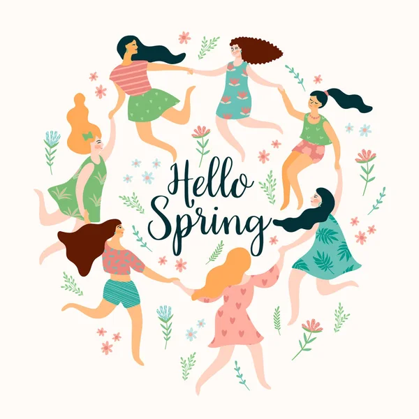 Ciao, Spring. Graziosa illustrazione con le donne. Design vettoriale . — Vettoriale Stock