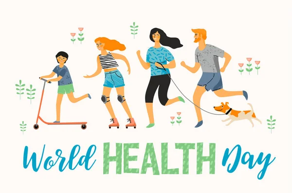 Παγκόσμια ημέρα υγείας. Υγιεινού τρόπου ζωής. Αθλητισμός οικογένεια. — Διανυσματικό Αρχείο