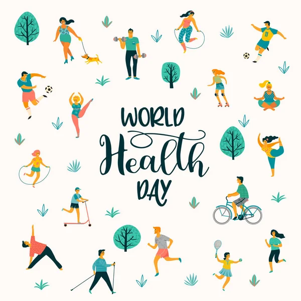 Día Mundial de la Salud. Ilustración vectorial de personas que llevan un estilo de vida activo y saludable . — Vector de stock