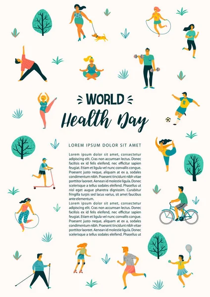 Παγκόσμια ημέρα υγείας. Εικονογράφηση διάνυσμα των ανθρώπων που οδηγεί ένα δραστήριο τρόπο ζωής υγιεινό. — Διανυσματικό Αρχείο