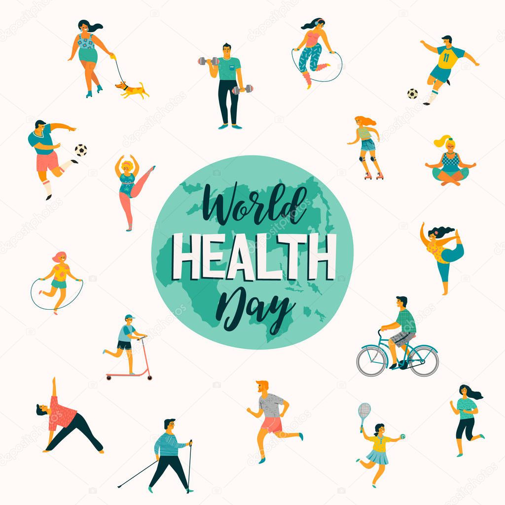 World Health Day. Vector illustration of people leading an active healthy lifestyle.