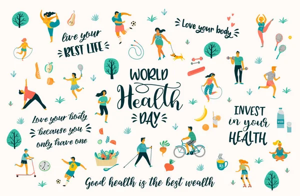 Всемирный день здоровья. Векторная иллюстрация с людьми, ведущими активный здоровый образ жизни и цитатами . — стоковый вектор