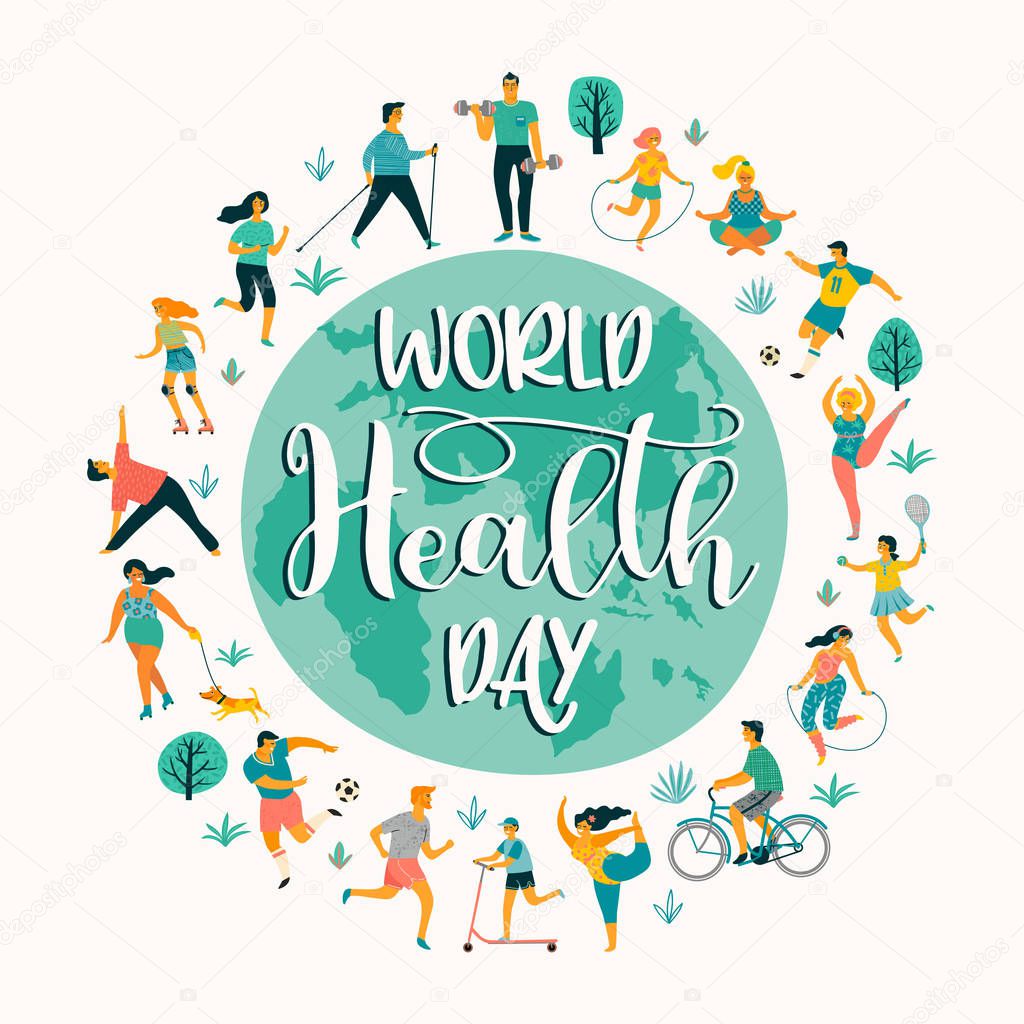 World Health Day. Vector illustration of people leading an active healthy lifestyle.