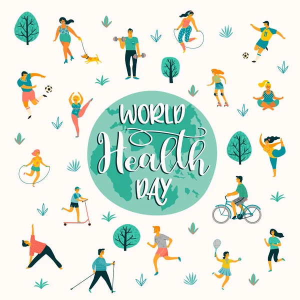 Día Mundial de la Salud. Ilustración vectorial de personas que llevan un estilo de vida activo y saludable . — Vector de stock