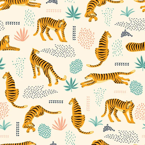 Sömlös exotiska mönster med tigrar och abstrakta element. — Stock vektor