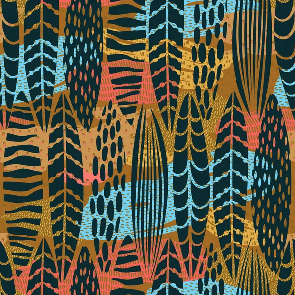 Tribal sömlösa mönster med abstrakta lämnar. Hand dra textur. — Stock vektor