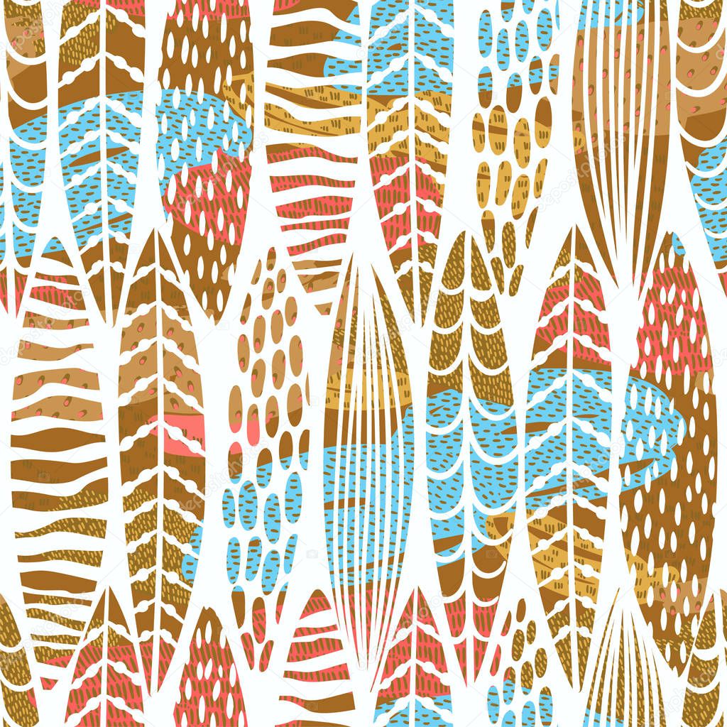 Tribal seamless pattern with abstract leaves. Hand draw texture.