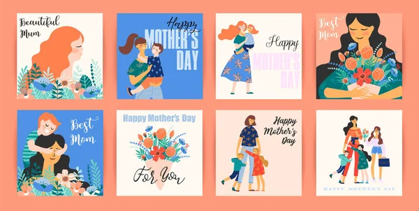 Feliz Dia das Mães. Modelos de vetores com mulheres e crianças . —  Vetores de Stock