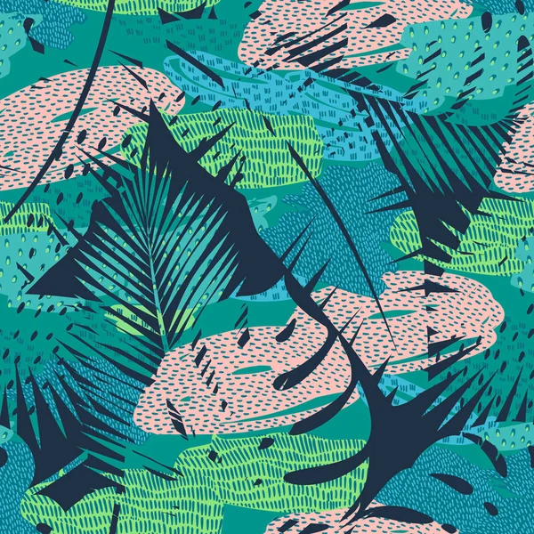 Sömlöst exotiskt mönster med tropiska växter. Vektor bakgrund. — Stock vektor