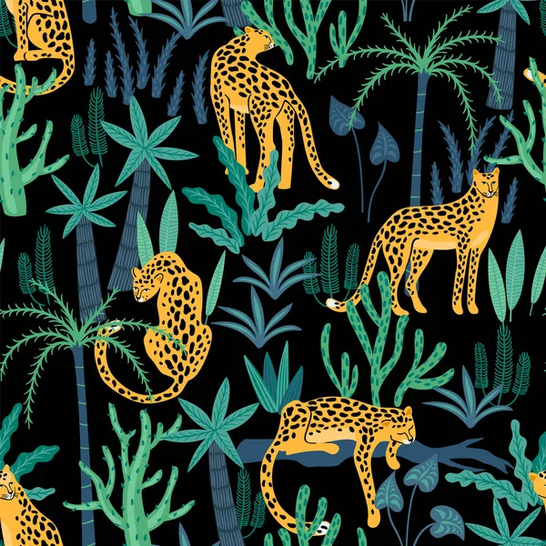 Vestor padrão sem costura com leopardos e folhas tropicais . — Vetor de Stock