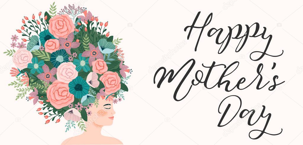 Happy Mothers Day. Vector illustration with woman and flowers.