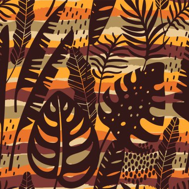 Tropikal yapraklı, soyut, pürüzsüz desen. Vektör şablonu.
