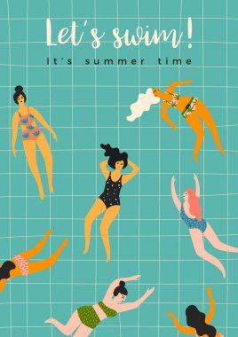 Yüzen kadınların vektör illüstrasyon. Tasarım öğesi