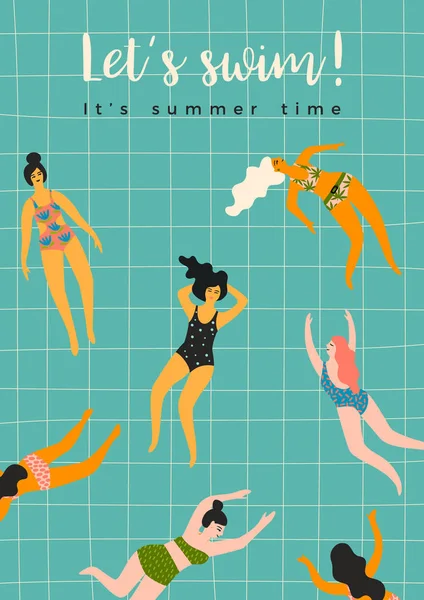 Yüzen kadınların vektör illüstrasyon. Tasarım öğesi